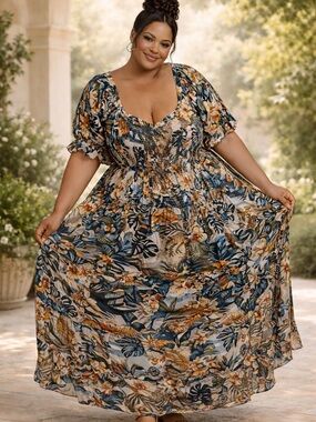 T.J.Maxx Floral Maxi Dress in Blue, Tan & Gold Tones
